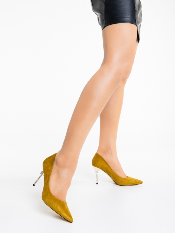 Дамски обувки с ток тъмно жълти от текстилен материал Blanche, 3 - Kalapod.bg