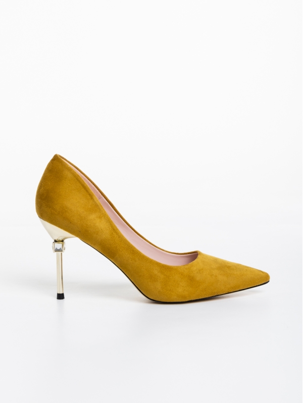 Дамски обувки с ток тъмно жълти от текстилен материал Blanche, 5 - Kalapod.bg