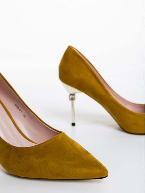Дамски обувки с ток тъмно жълти от текстилен материал Blanche, 6 - Kalapod.bg