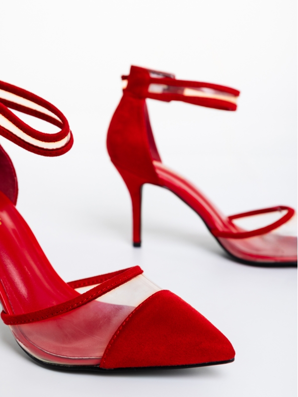 Дамски обувки с ток червени от текстилен материал Floriette, 6 - Kalapod.bg