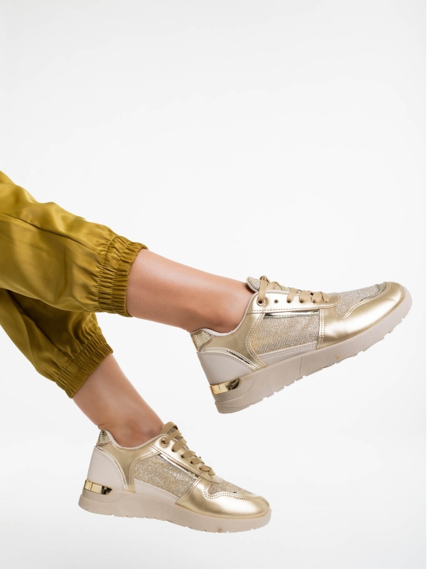 Дамски спортни обувки бежови със златисто от екологична кожа Litsa, 3 - Kalapod.bg
