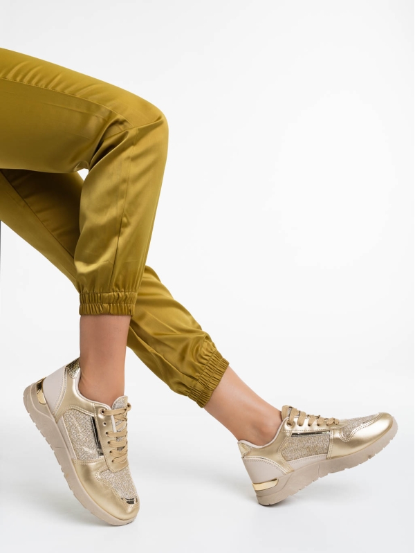 Дамски спортни обувки бежови със златисто от екологична кожа Litsa, 4 - Kalapod.bg