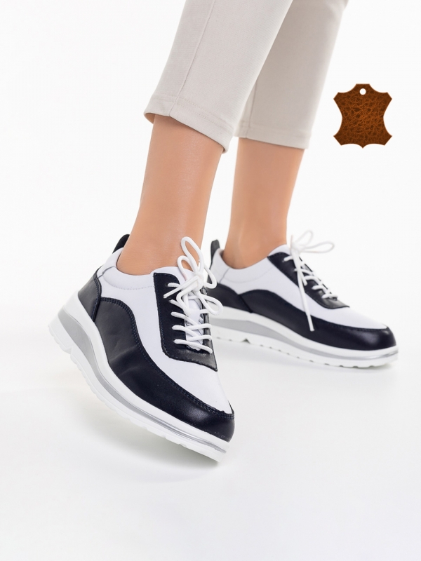 Всекидневни дамски обувки Lessie от естествена кожа бели с тъмно синьо - Kalapod.bg