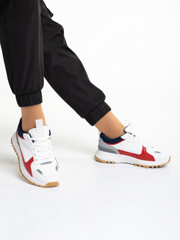 Дамски спортни обувки  бели с червено от еко кожа и текстилен материал  Jianna - Kalapod.bg
