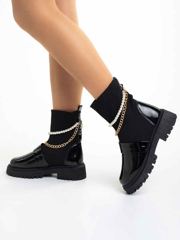Дамски чизми черни  от лачена еко кожа и текстилен материал Caralyn, 2 - Kalapod.bg