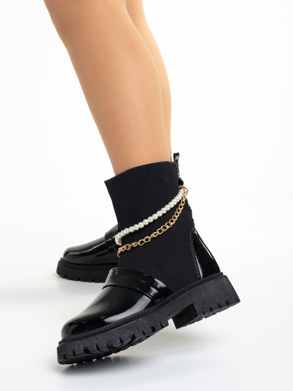 Дамски чизми черни  от лачена еко кожа и текстилен материал Caralyn, 3 - Kalapod.bg
